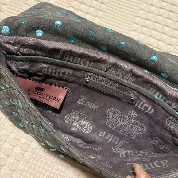 Juicy Couture Gray Suede and Teal Metallic Polka Dot Clutch Purse - Picture 7 of 7